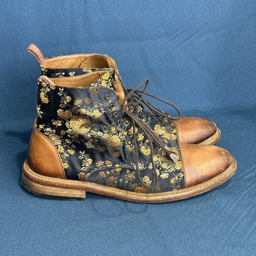 TAFT Mens Floral Cap Toe Lace Up Ankle Boots Brown Gold EU 42 US 9